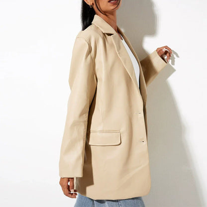 Veste blazer femme – Coupe oversize – Effet cuir lisse – Longueur mi-cuisses – Manches longues