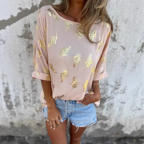 Women's blouse – Loose fit – Lightweight breathable fabric – 3/4 sleeves – Boat neck – Sequins