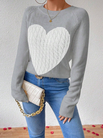 Women's Sweater – Soft Knit – Relaxed Fit – Heart Motif – Casual Round Neck