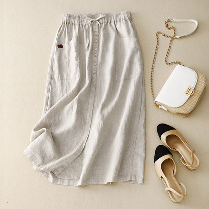 Women's mid-length skirt – Flared cut – Natural fibers – Drawstring waist – Pockets