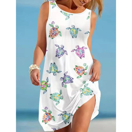 Straight women's dress – Sleeveless – Relaxed fit – Turtle print