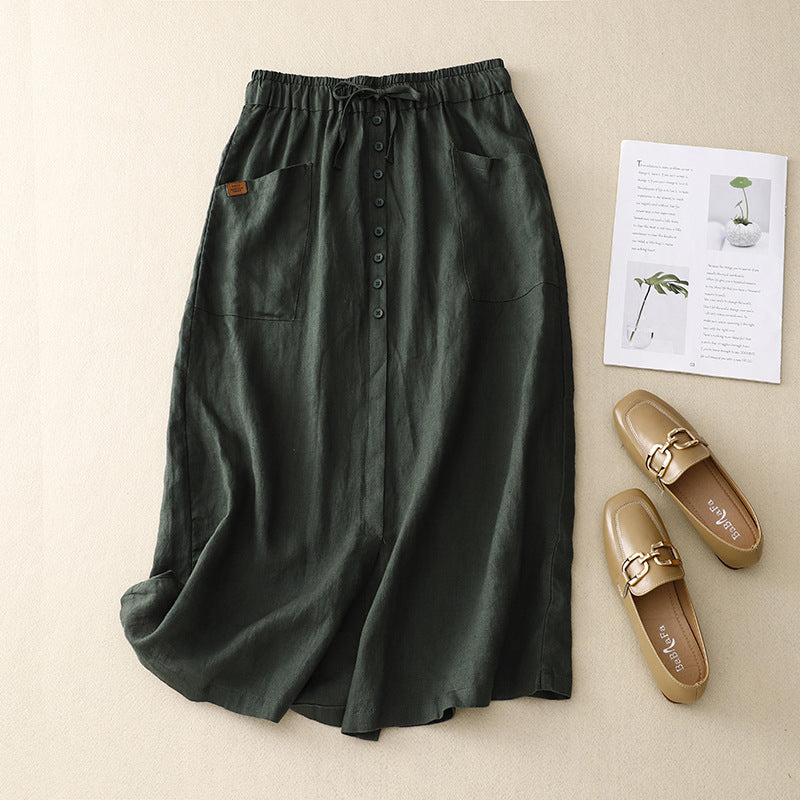 Women's mid-length skirt – Flared cut – Natural fibers – Drawstring waist – Pockets
