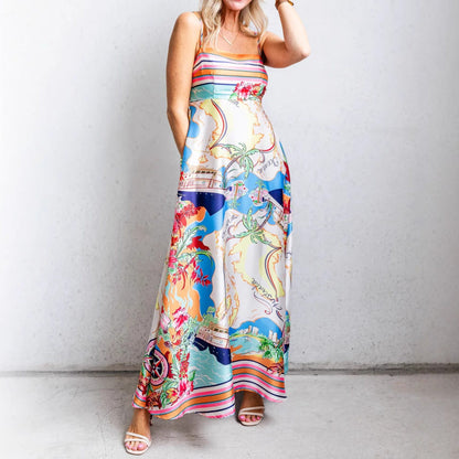 Robe longue femme – Coupe fluide – Taille haute – Bretelles fines – Imprimé élégant