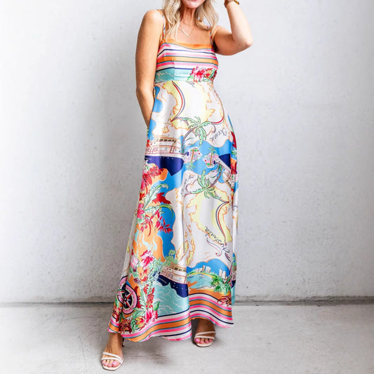 Robe longue femme – Coupe fluide – Taille haute – Bretelles fines – Imprimé élégant