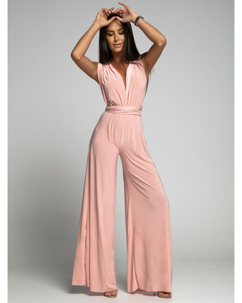 Women's jumpsuit – Sleeveless – Wrap-front neckline – Fitted waist – Wide legs