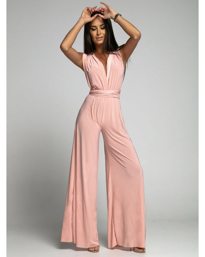 Women's jumpsuit – Sleeveless – Wrap-front neckline – Fitted waist – Wide legs