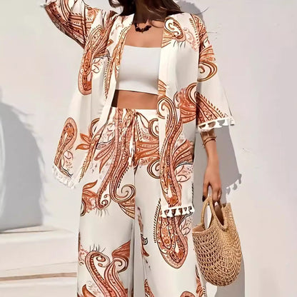Women's Kimono Set – Relaxed Fit – Paisley Pattern – Breathable Fabric – Drawstring Waist