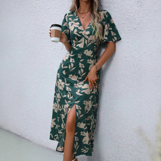 Robe longue femme – Coupe cintrée – Manches évasées – Col en V – Motif floral – Fente devant