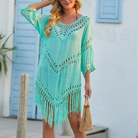 Women's beach dress – Loose fit – Crochet detail – Bohemian fringes – Breathable fabric
