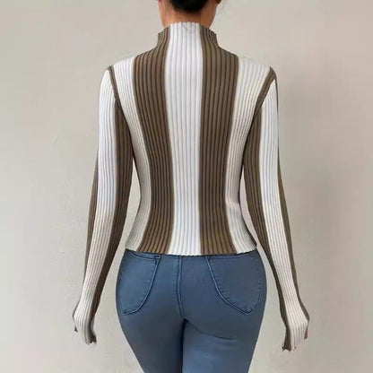 Haut femme – Coupe ajustée – Côtelé extensible – Col montant – Manches longues