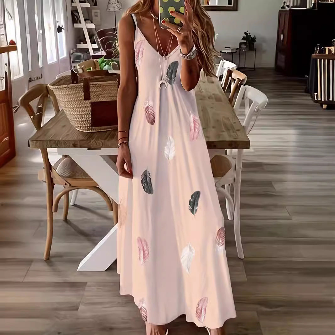 Women's long dress – Fluid cut – Sleeveless – V-neck – Breathable fabric with foliage print