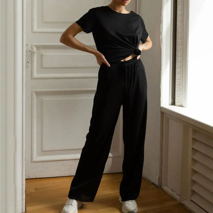 Women's Lounge Set – Cropped Top Short Sleeves – Wide Leg Pants – Breathable Fabric