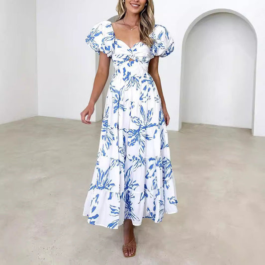 Robe longue femme – Imprimé élégant – Manches bouffantes – Coupe fluide – Tissu respirant