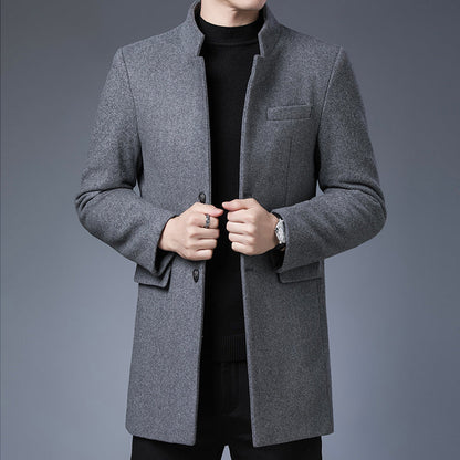 Mid-length men's coat – Slim fit – Wool effect – Stand collar – Dressy style