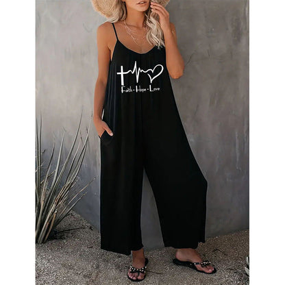 Women's Jumpsuit – Loose Fit – Plunging V-Neck – Breathable Fabric – Wide Leg