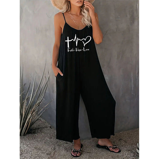 Women's Jumpsuit – Loose Fit – Plunging V-Neck – Breathable Fabric – Wide Leg