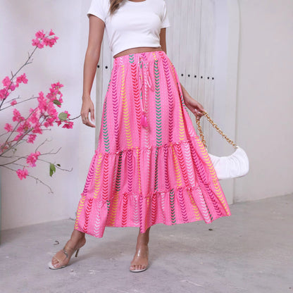 Women's long skirt – Bohemian style with ruffles – Tie waist – Flowing cotton fabric