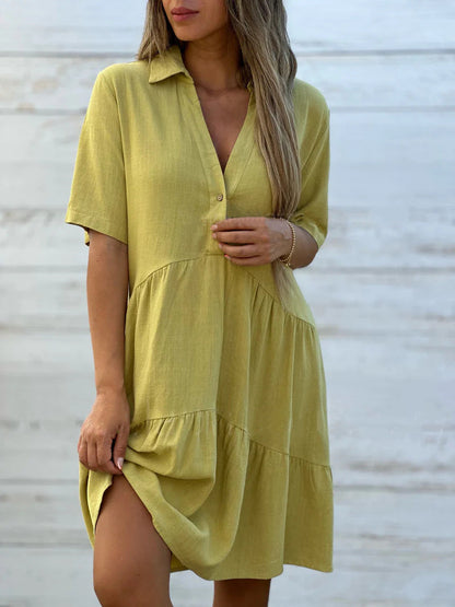 Casual women's dress – Flowing cut – Short sleeves – Shirt collar – Natural fibers