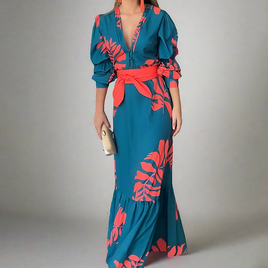 Robe longue femme – Tissu fluide – Manches bouffantes – Ceinture – Décolleté en V
