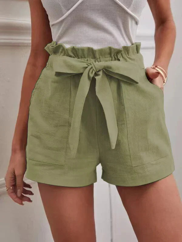 Short for women – Lightweight linen – High waist – Loose fit – Tied belt