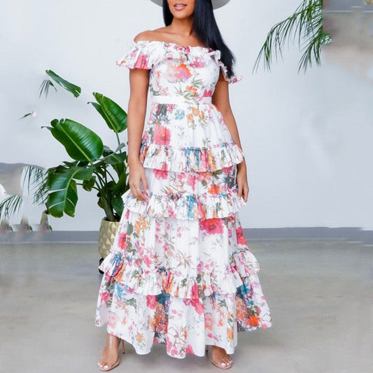 Women's Long Dress – Natural Fibers – Bare Shoulders – Layered Ruffles – Fluid Cut