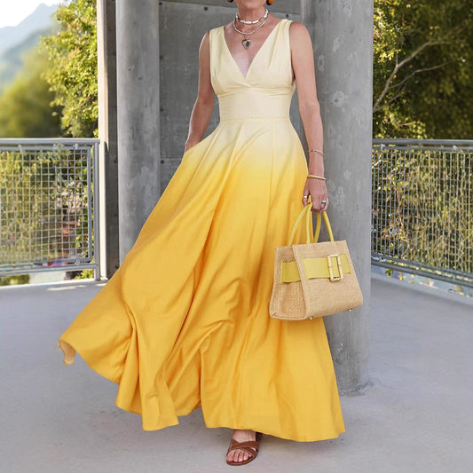 Robe longue femme – Coupe évasée – Décolleté en V – Sans manches – Avec poches