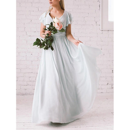 Women's long dress – Light flowing fabric – Butterfly sleeves – V-neck – Fitted waist