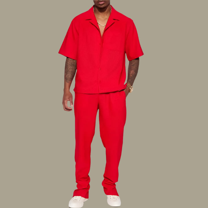 Ensemble décontracté homme – Coupe ample – Chemise à col manches courtes – Pantalon long – Tissu respirant