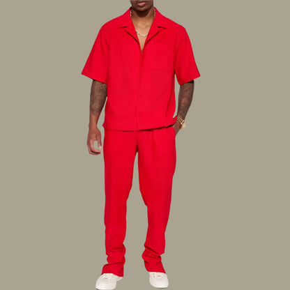 Ensemble décontracté homme – Coupe ample – Chemise à col manches courtes – Pantalon long – Tissu respirant
