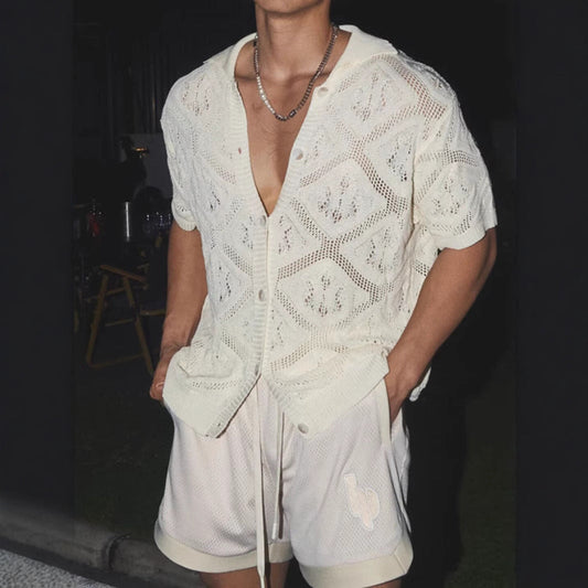 Cardigan for men – Breathable openwork knit – Oversized fit – Short sleeves – V neck