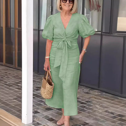 Women's Midi Dress – Natural Fibers – Puff Sleeves – Tied Waist – V-Neck