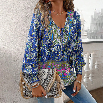 Women's blouse – Loose fit – Lightweight breathable fabric – Long sleeves with smocked cuffs – Tie-neck bohemian style