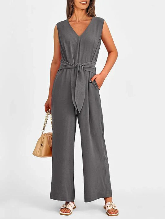 Women's jumpsuit – Sleeveless – Flowing cut – Tied waist – V-neck