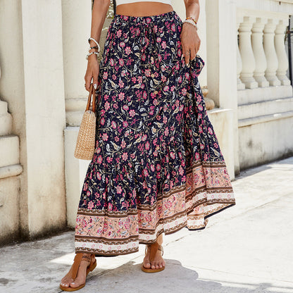 Women's long skirt – Fluid cut – Bohemian style – Floral print – Natural fibers