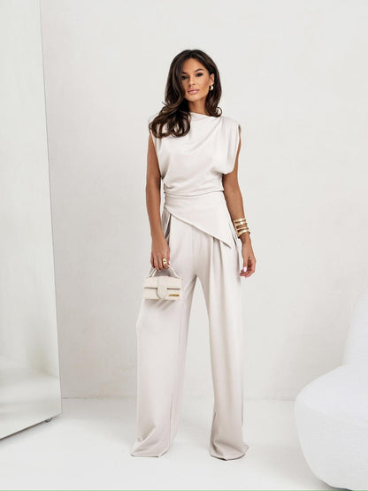 Women's pantsuit – Luxury fluid fabric – Draped sleeveless top – Wide high-waisted trousers
