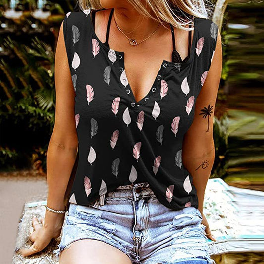 Women's Tank Top – Loose Fit – V-Neck – Buttoned – Feather Print – Breathable Fabric