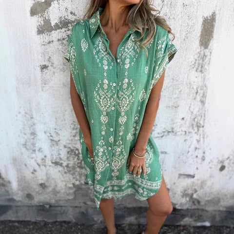 Women's shirt dress – Loose fit – Natural fibers – Boho print – Mini length