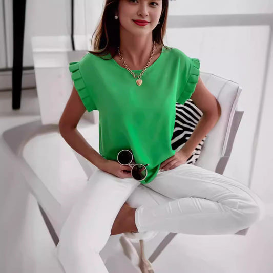 Women's blouse – Relaxed fit – Ruffled sleeves – Breathable fabric – Round neck