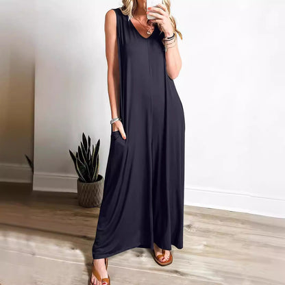 Women's long dress – Flowing fit – Sleeveless – V-neck – Side pockets