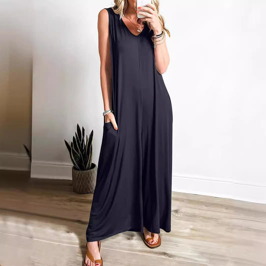 Women's long dress – Flowing fit – Sleeveless – V-neck – Side pockets