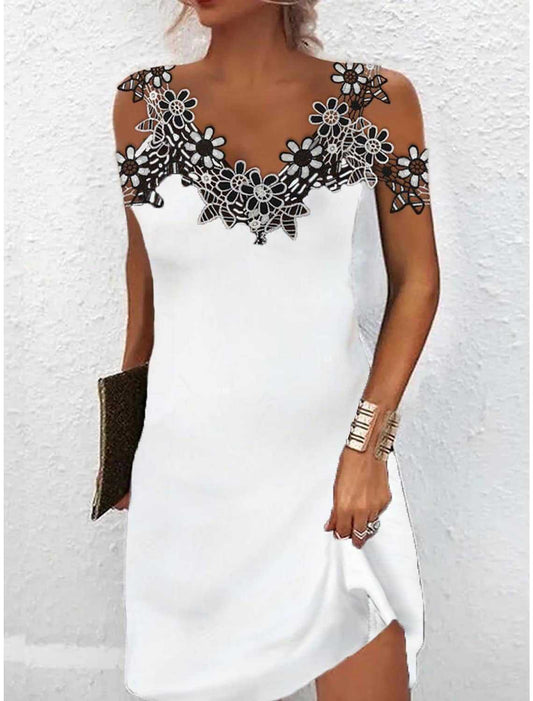 Mini dress for women – Fitted cut – Embroidered lace – Sleeveless – Lightweight fabric