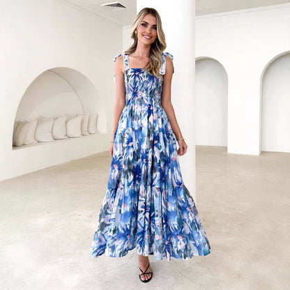Robe longue femme – Bustier froncé – Bretelles réglables – Jupe évasée à volants – Imprimé fleuri