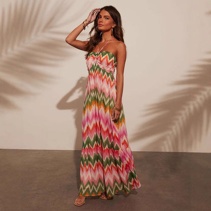 Robe longue femme – Coupe fluide – Col halter – Jupe évasée à volants – Tissu respirant