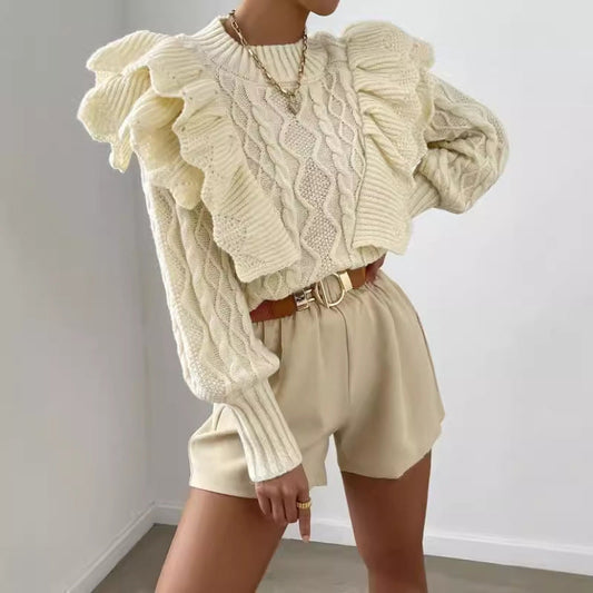 Pull femme – Coupe courte – Manches longues – Épaules à volants