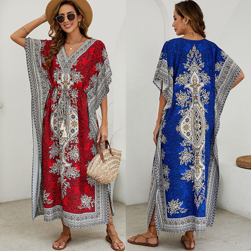 Women's long dress – Flowing cut – V-neck – Short wide sleeves – Ornate patterns