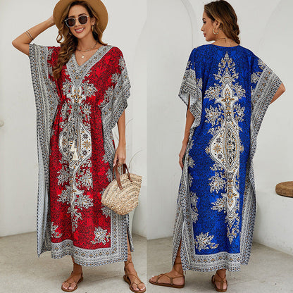 Women's long dress – Flowing cut – V-neck – Short wide sleeves – Ornate patterns