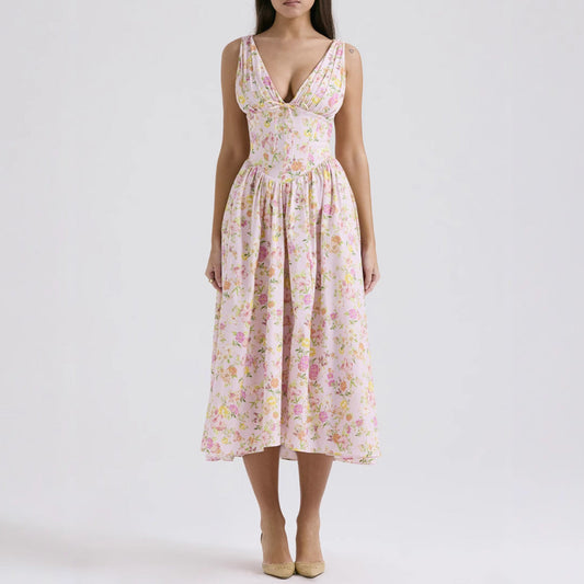 Robe femme sans manches – Décolleté en V – Coupe évasée – Imprimé fleuri – Longueur midi