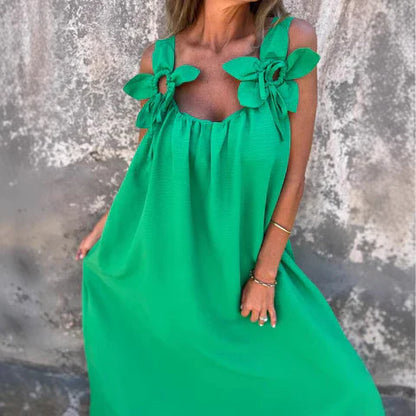 Women's long dress – Relaxed fit – Breathable flowing fabric – Floral shoulders
