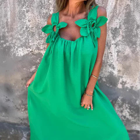 Women's long dress – Relaxed fit – Breathable flowing fabric – Floral shoulders