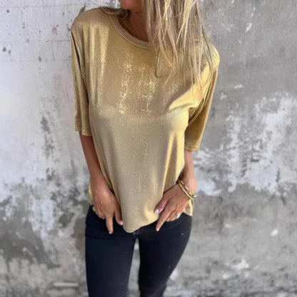 Women's blouse – Loose fit – Shimmering fluid fabric – Short sleeves – Round neck